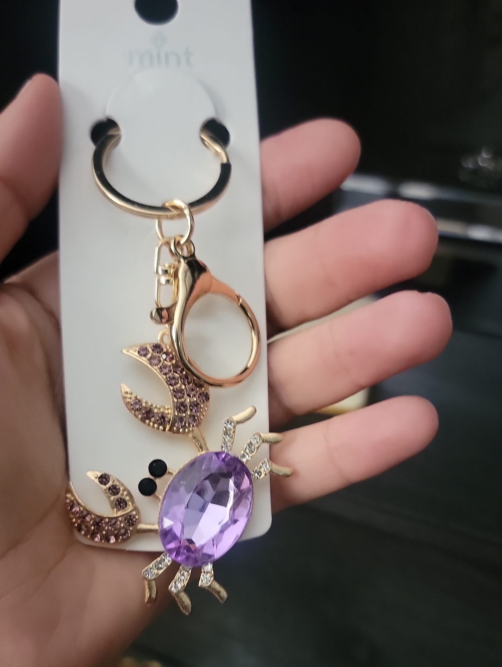 Gold-Tone Crab Keychain with Purple Gem Crystal Accents